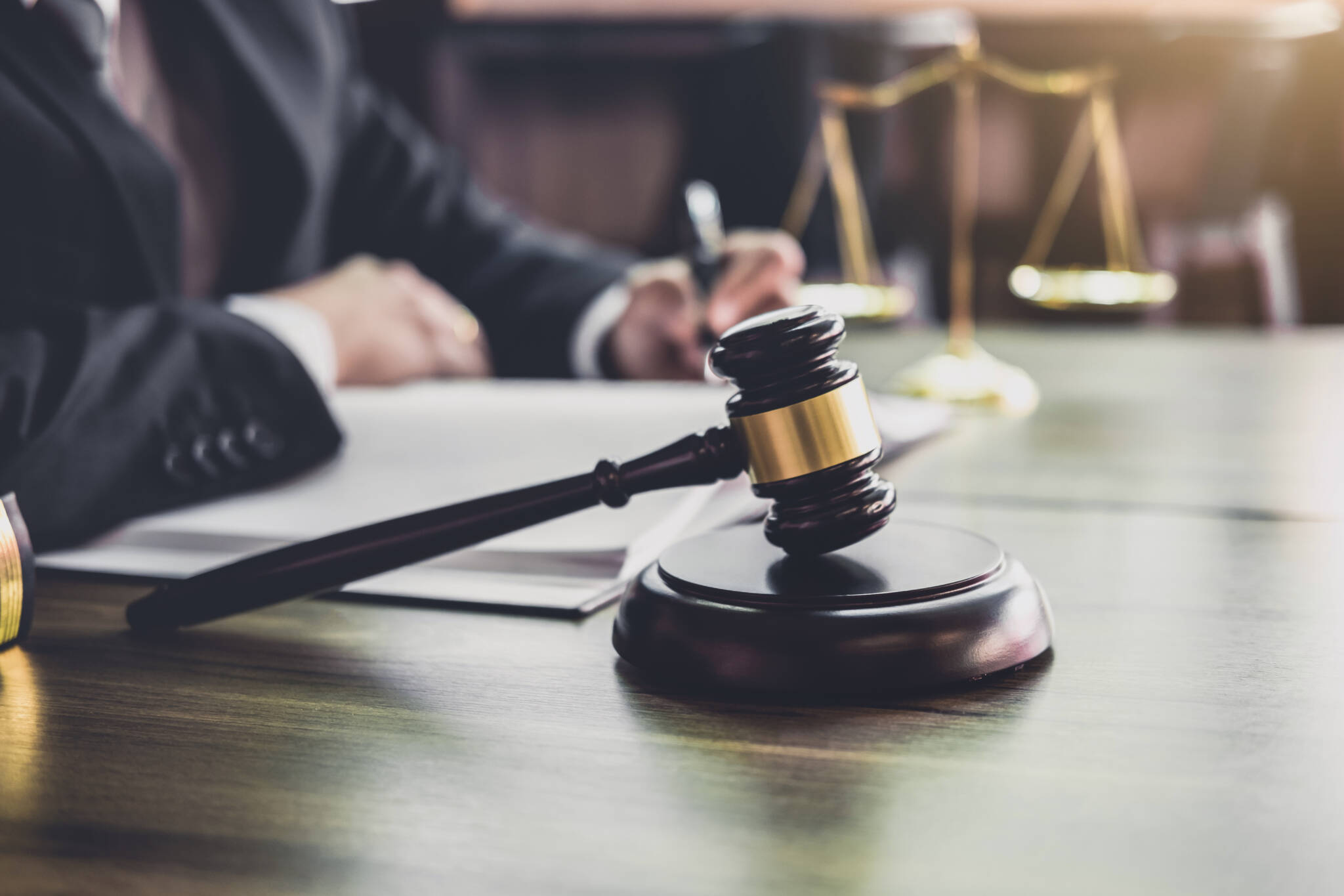 Judge Gavel With Justice Lawyers, Gavel On Wooden Table And Coun