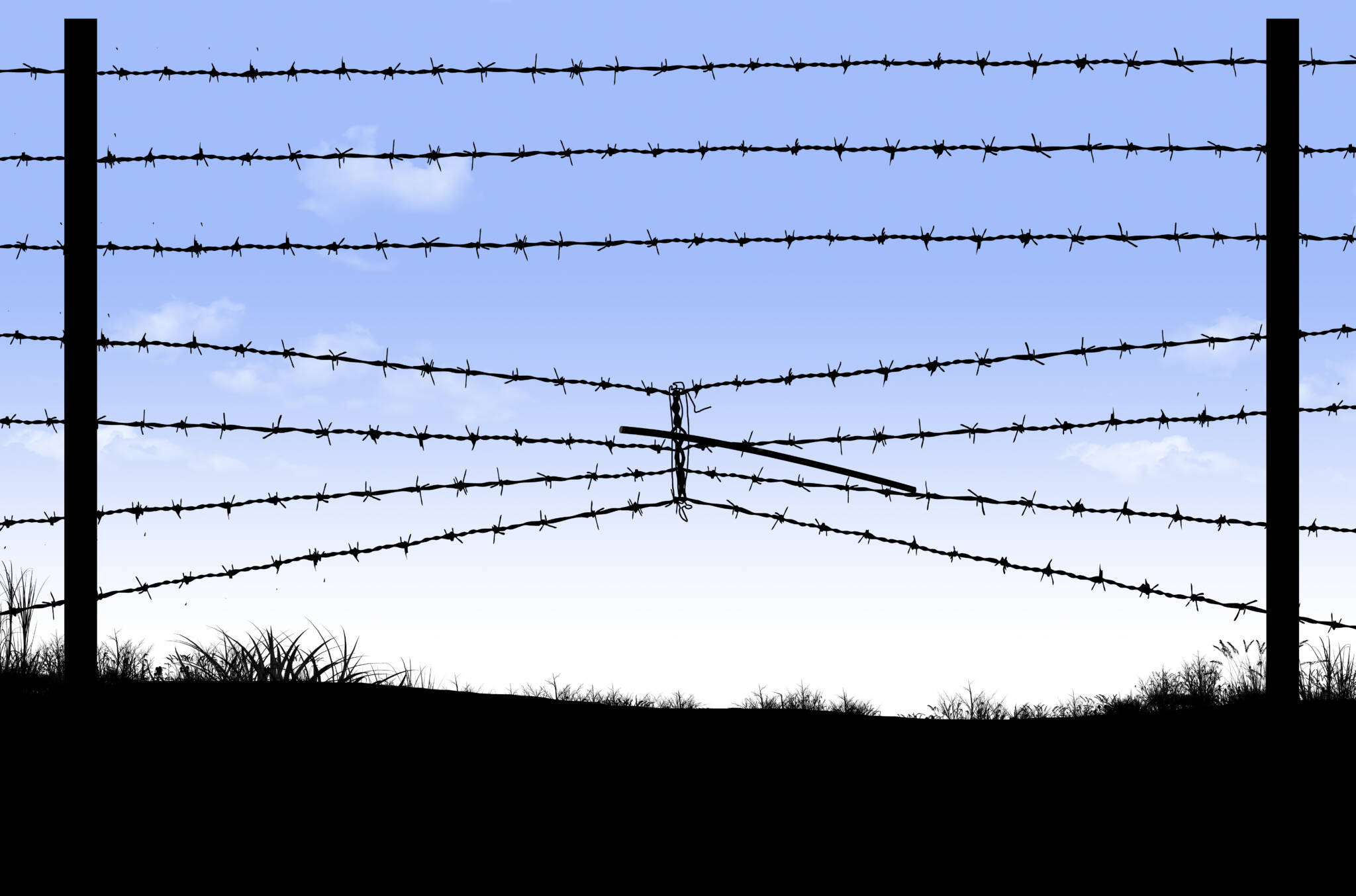 Here Is A Border Fence On The Southern Border Of The Usa That Has Barbed Wire Compressed To Make An Opening Underneath For An Opening To Cross Into The Usa Illegally. .